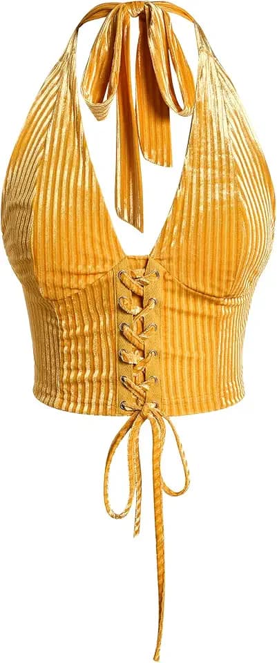 Verdusa Women's Western Halter Corset Tops Lace Up Backless Crop Top