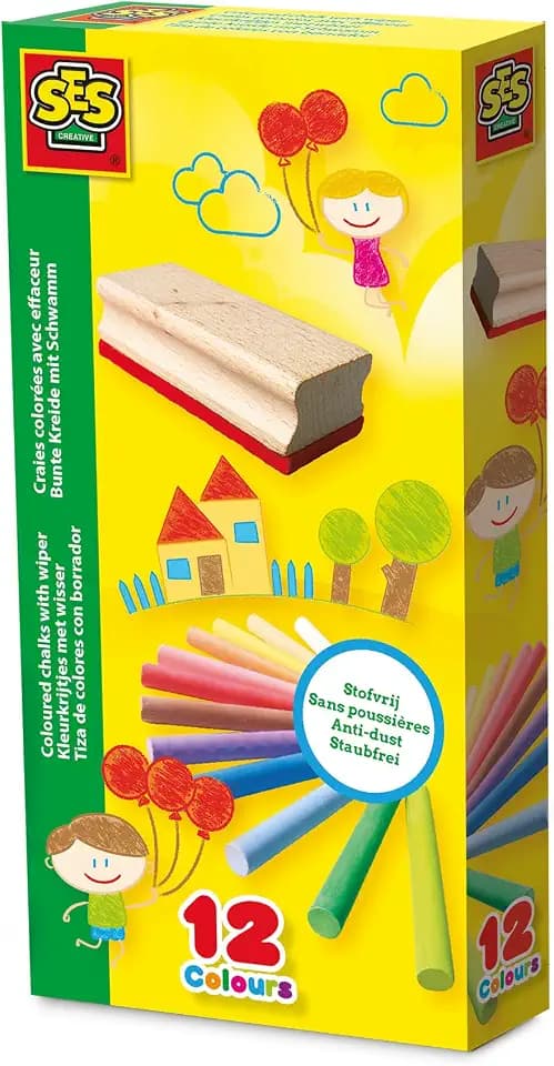 SES Creative 00208 Bunte Kreide mit Schwamm - Staubfreie Kreiden für Kreatives Zeichnen und Malen