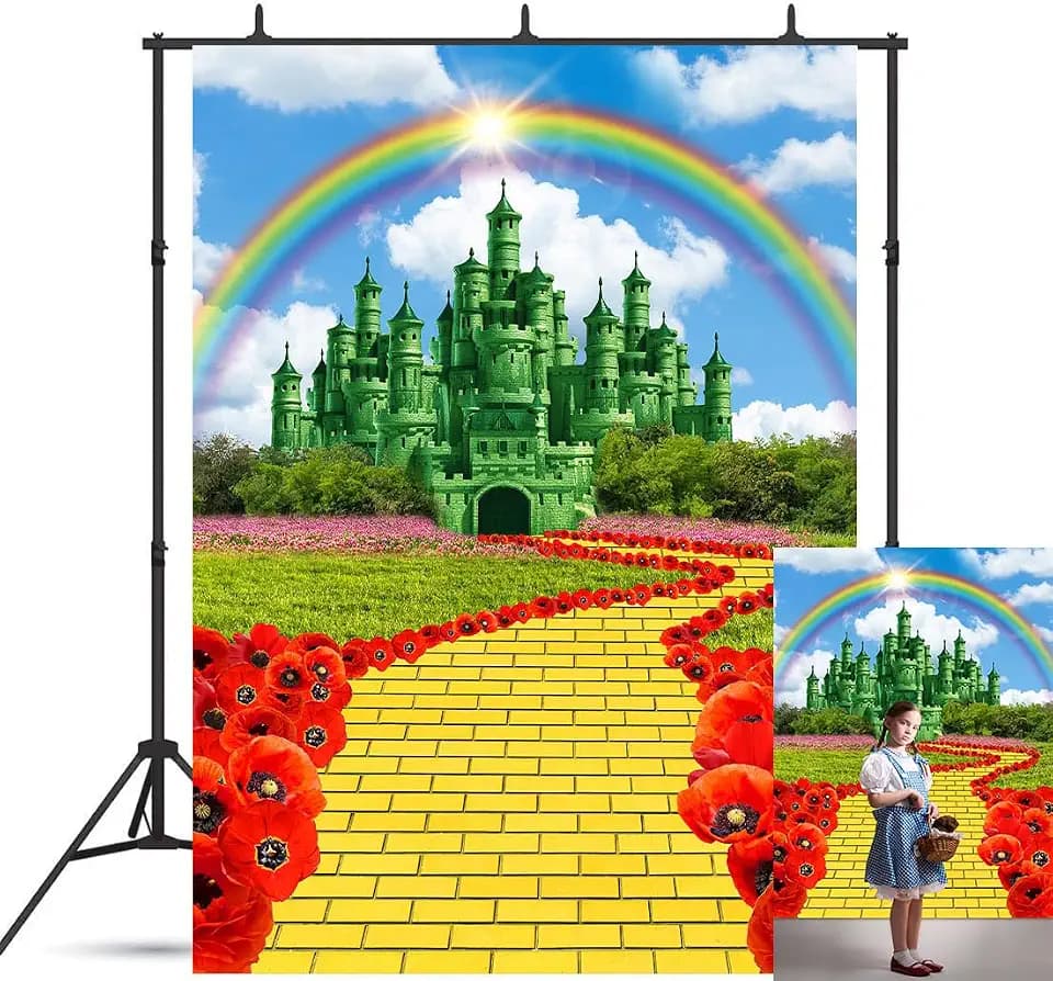 5X7FT Green Castle Backdrop Yellow Brick Road Party Decorations Background for Kids Adult Birthday Floral Rainbow Princess Wonderland Photography Banner