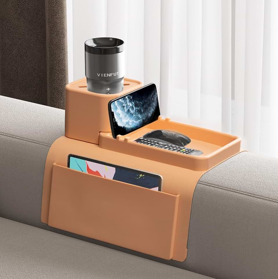 Couch Cup Holder Tray, VIENFUT Silicone Anti-Slip Sofa Armrest Tray with Side Pockets, BPA-Free Anti-Spill Couch Drink Holder for YETI, Remote, Snacks, Cellphone and iPad, Ideal Gift (Peach)