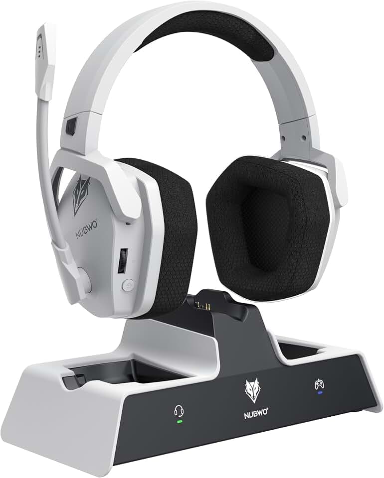NUBWO G06 Pro Wireless Gaming Headset mit Ladestation für Headset und PS5 Controller, 17ms Niedrige Latenz, 120 Stündige Akkulaufzeit, Dynamische 50mm Treiber Weiß (Nicht mit Xbox Kompatibel)