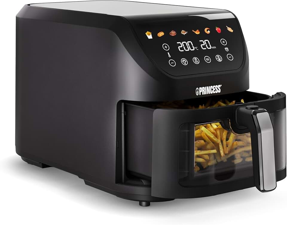 Princess SlimFry Airfryer, 8L Fassungsvermögen, 2000W, 8 Programme, Digitales Touchscreen, Einstellbare Temperatur, Sichtfenster, Automatische Abschaltung, Spülmaschinenfest, 182257