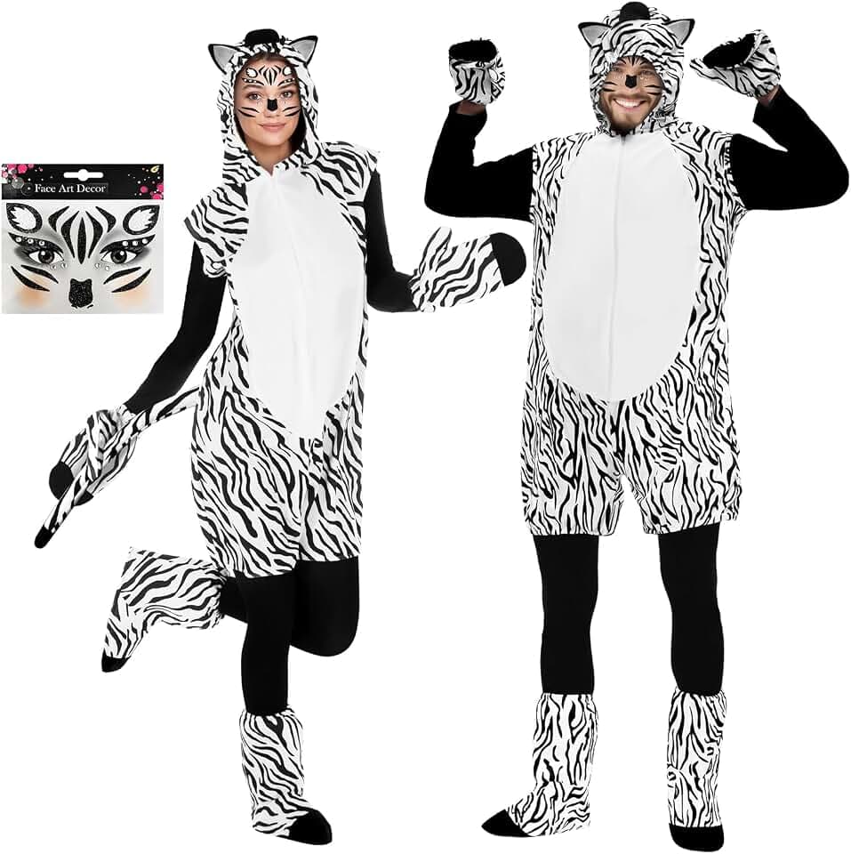 Zebra Kostüm Damen Herren Erwachsene: Tierkostüm Damen Faschingskostüme Dschungel Kostüm Unisex Adulte mit Ohren und Schwanz - Tier Jumpsuit kostüm für Fasching Karneval Mottoparty Verkleidung