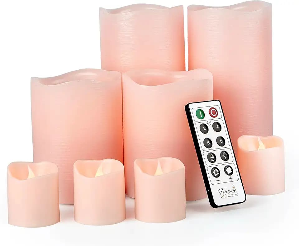FURORA LIGHTING Rosa Echtwachskerzen flammenlose Kerzen mit Fernbedienung und Timer, 4 Säulen und 4 Votivkerzen 8 Stück, LED Flackernde Kerzen für Wohnkultur, Batterie enthalten