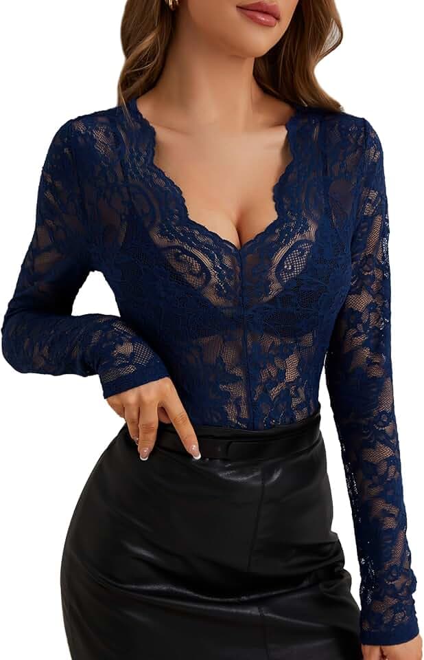 FEOYA Damen Spitze Top Sexy Durchsichtig Oberteil Elegant Mesh Langarmshirt mit V-Ausschnitt Transparent Blumen Lace Bluse