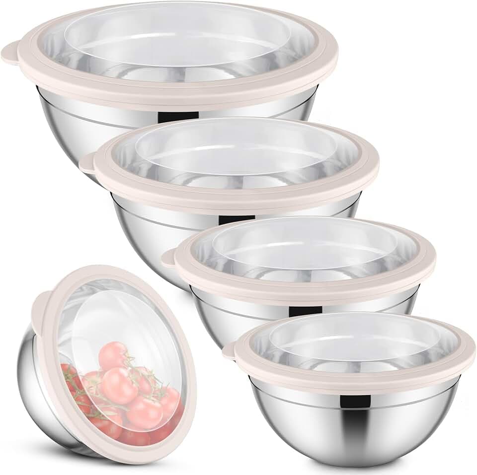Herogo Schüssel mit Deckel 5er Set, Edelstahl Salatschüssel Set, Khaki