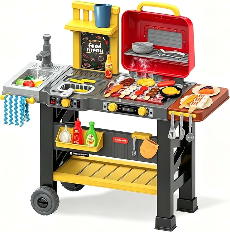 Kindergrill Outdoor Küche Spielzeug Set, Grill-Spielzeugset für Kinder mit Rauchgeräuschen & Licht, Realistische Rauch BBQ Grill Spielset mit Spielzeug Küche Zubehör
