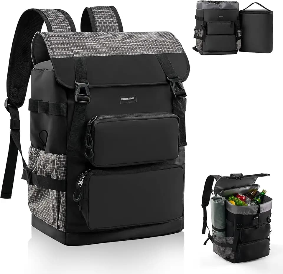 Odoland 2 in 1 Kühlrucksack - Separat Nutzbare Kühltasche 9L und 26L Hauptfach, 10 Stunden Kältehaltung, Auslaufsicher, Wasserdicht, Isolierter Picknickrucksack für Einkaufen, Camping, Strand, Arbeit