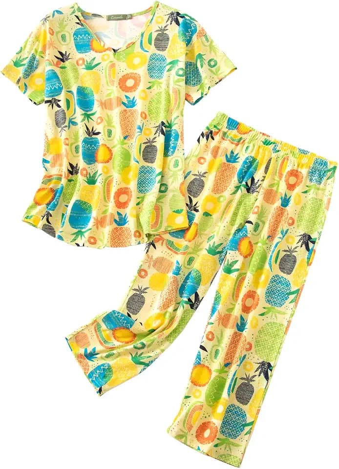 ENJOYNIGHT Womens Pajama Set Cotton Summer Pj Top with Capri Pant Sleepwear