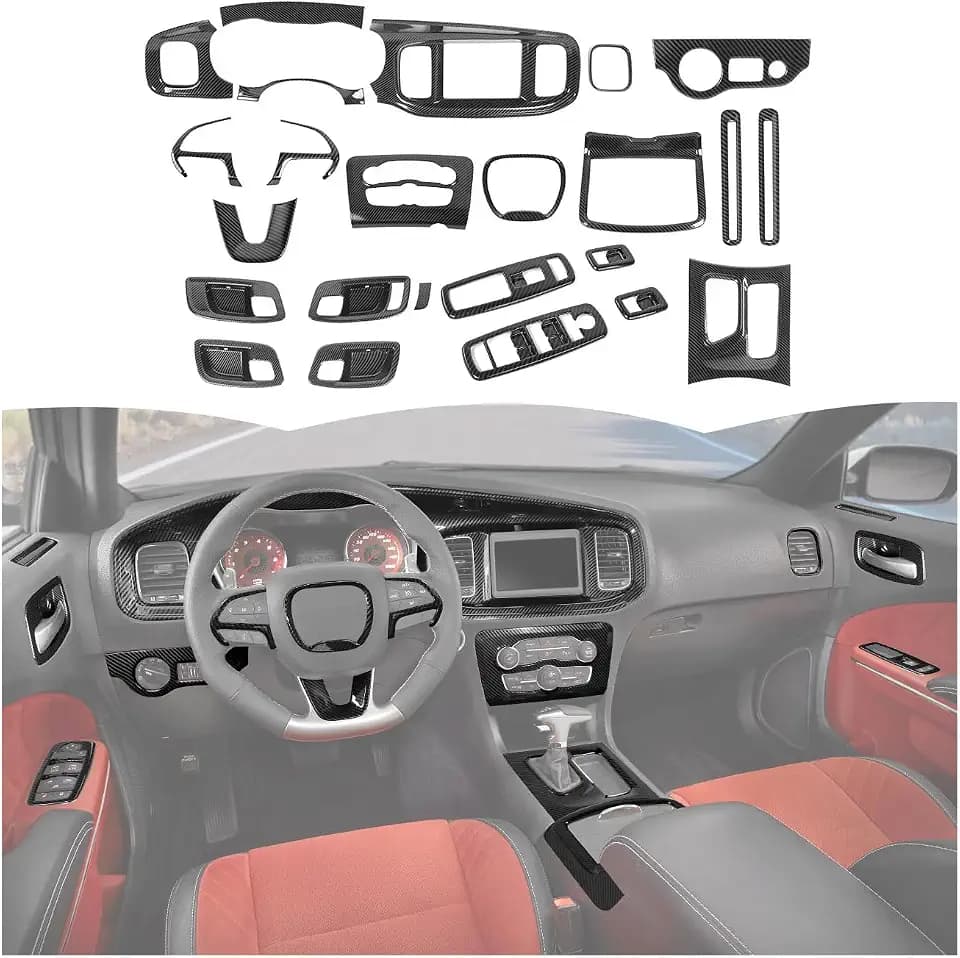RT-TCZ Carbon Fiber Interior Trim Kit Cover Center Console Dashboard Panel Gear Shift Panel Cover Decoration Accessories for Dodge Charger 2015-2026,24PCS