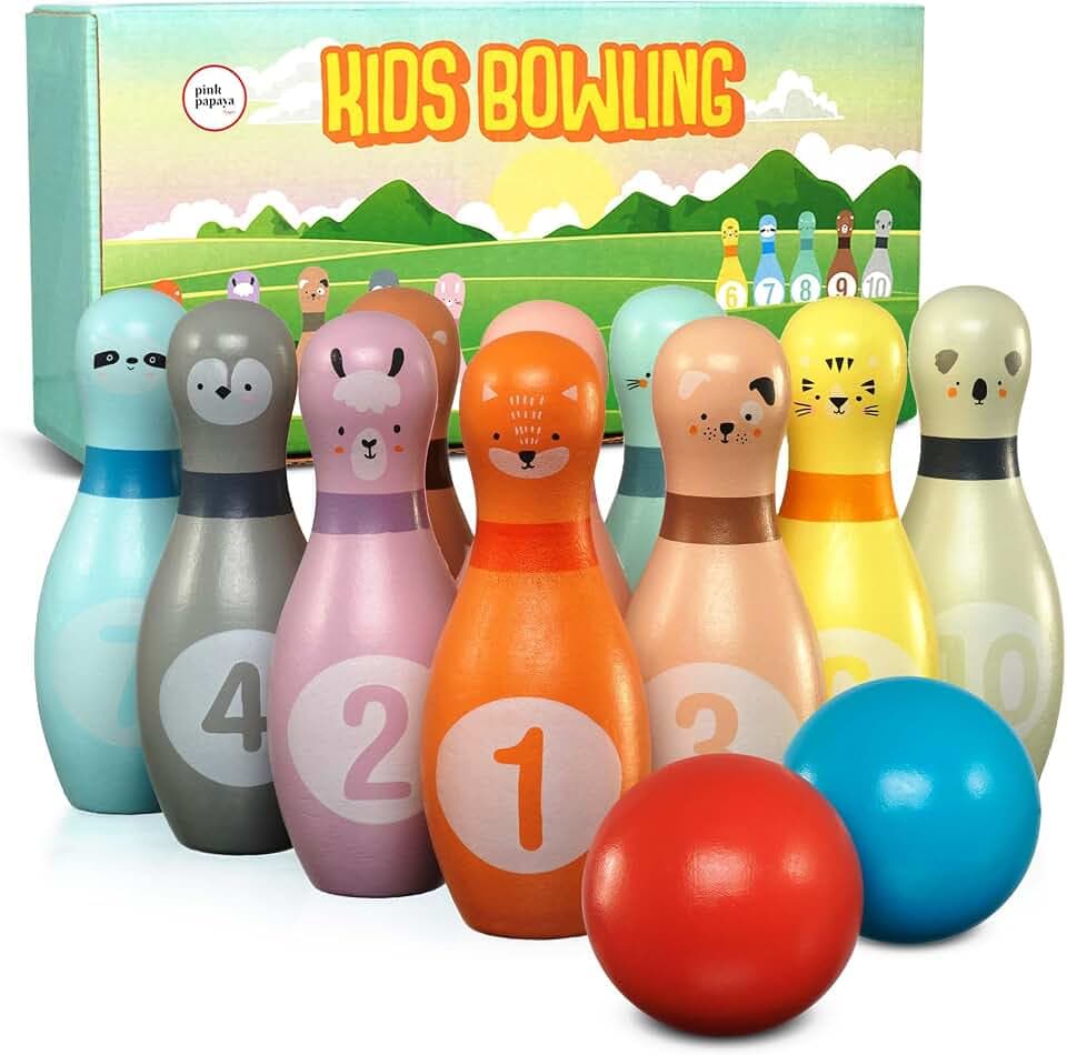 Pink Papaya Kegelspiel für Kinder | 12 teiliges Bowling Set | Spielzeug aus Holz | Outdoor & Indoor Spielzeug | schult & fördert Ihr Kind