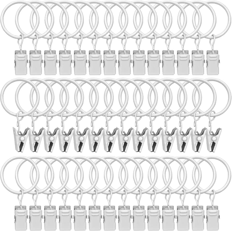 42 Pack Curtain Rod Clip Rings,1" Interior Diameter(Compatible with up to 5/8" Curtain Rod),Metal Drapery Ring with Clips,Strong Decorative Drapery Window Ring with Hooks,Rustproof Vintage(White)