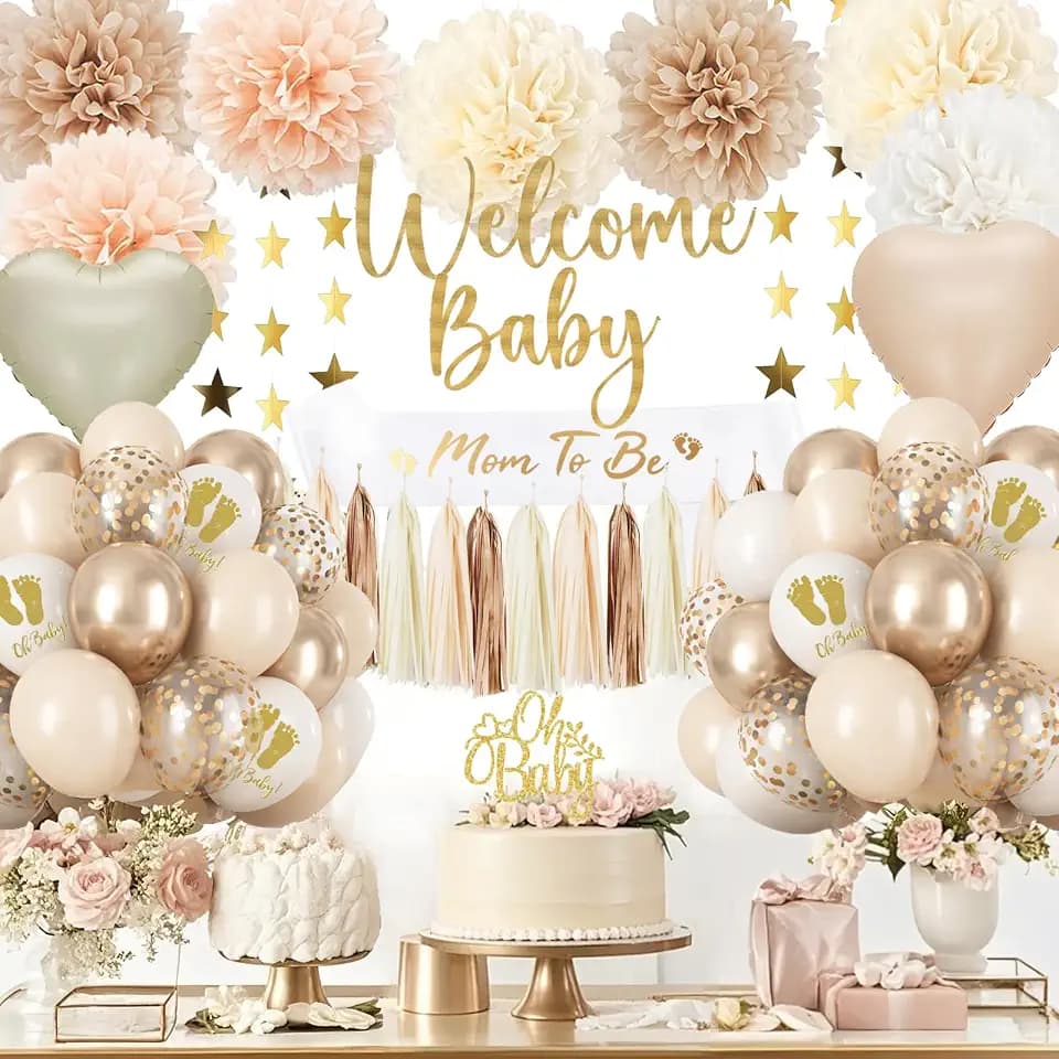 Beige Baby Shower Decorations Set for Neutral Gender Reveal Party