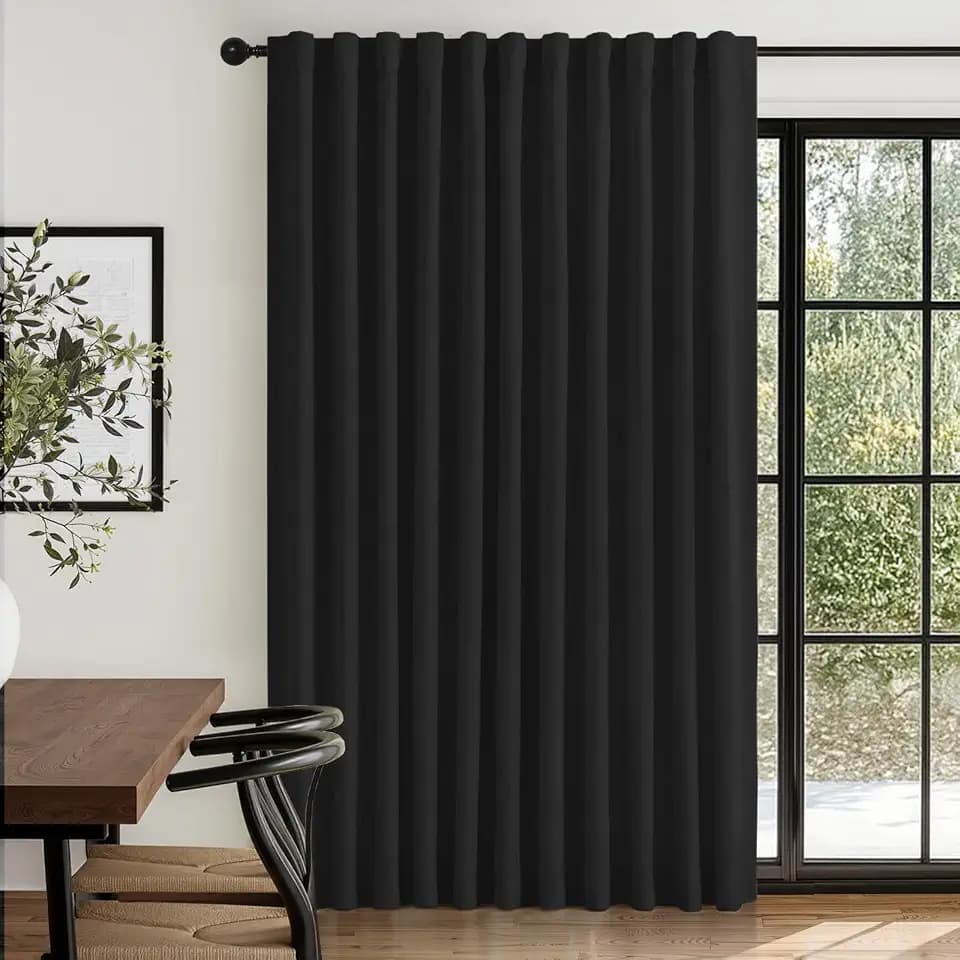 Linen Textured Total Blackout Sliding Door Curtains 90 Inches Long, Black