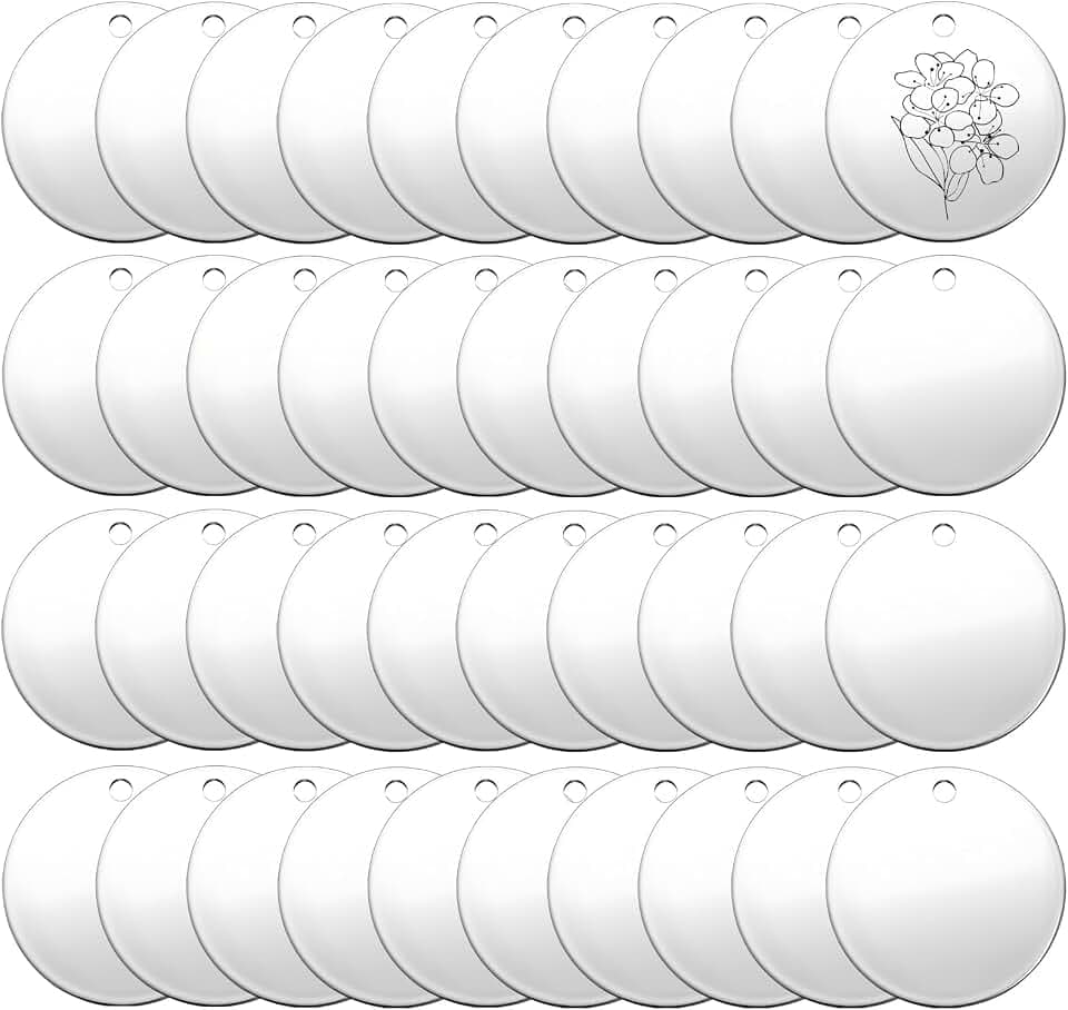 40 Stück Blank Stamping Tag, 25mm Laser Gravur Rohlinge Edelstahl Schlüsselanhänger Set Rohlinge zum Gravieren Große Flache Runde Gravierte Metallrohlinge für Handwerke DIY