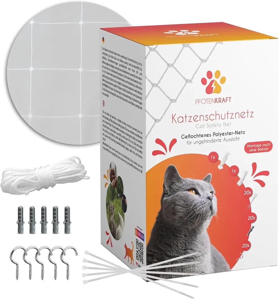Premium Katzennetz aus Polyester für Balkon & Fenster ohne Bohren 3 x 6m - großes Balkonnetz transparent, reißfest & wetterfest - Katzenschutznetz Fenster - inkl. Befestigungsmaterial