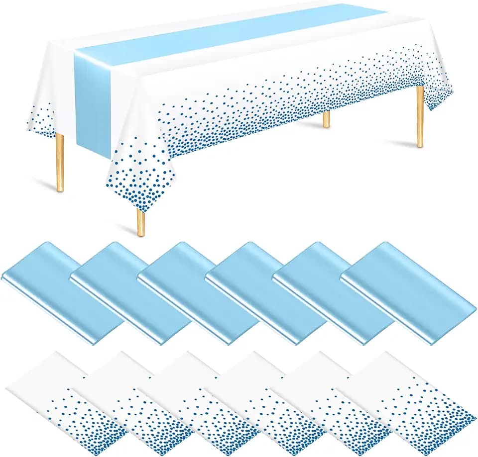 12 Pack Tablecloth and Table Runner Set Party Decorations, White and Blue Plastic Disposable Tablecloth and Satin Table Runner for Wedding Birthday Party (Blue)