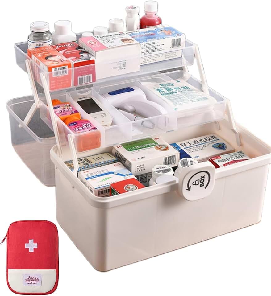 3-Regal 34cm Weiß Mehrzweck-Aufbewahrungsbox,Medikamentenschrank mit Aufbewahrungsbeutel,Medikamenten Organizer Hausapotheke Box,Toolbox,Sortierbox,Angelkoffer,Organizer Box,34×19×21.5 cm