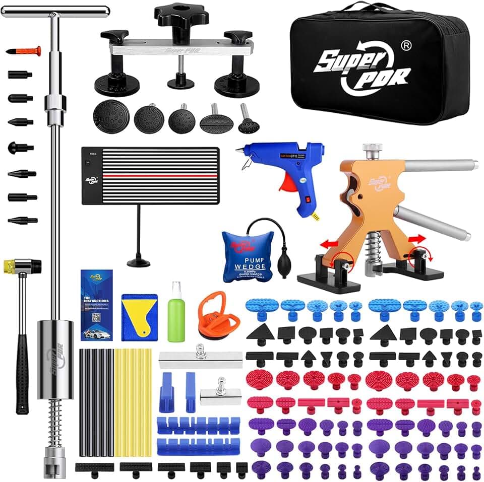 Super PDR Paintless Dent Repair Kit 148PCS Dent Puller Kit with LED Light Board（Batteries Not Included） Can Removal 99% of Car Dents in 30 Minutes for Repair Work of Door Ding, Creases and Hail Damage