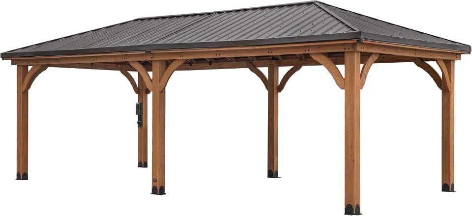 Backyard Discovery Barrington 24' x 12' Cedar Wood Outdoor Gazebo Pavilion with Hardtop Galvanized Steel Hip Roof, Snow Support, Wind Resistance, PowerPort, Shade for Garden, Patio, Deck, Entertaining