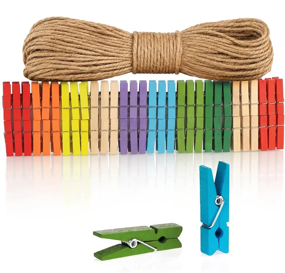 COM-FOUR® 120x Mini-Wäscheklammer und 50 m Juteseil, kleine Bunte