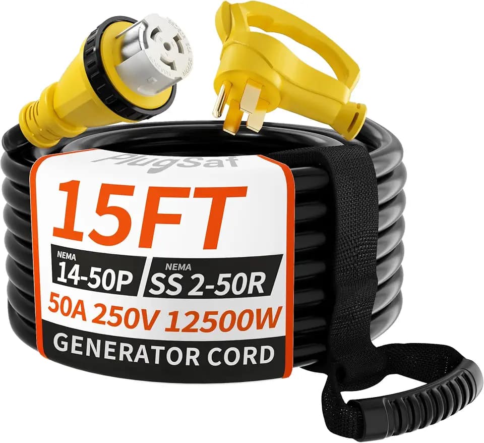 PlugSaf 50 Amp Generator Cord, 15FT 50 Amp RV Extension Cord 14-50P/SS2-50R