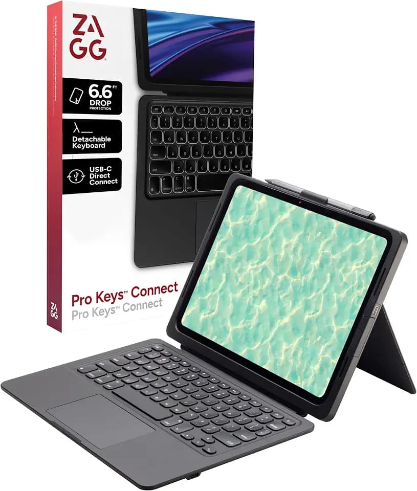 ZAGG Pro Keys Connect iPad Air 13" (M4)/(M3)/(M2) Keyboard Case – USB‑C Direct Connect Keyboard with Trackpad, Detachable Backlit Keys, 6.6 ft Drop Protection, Kickstand & Dual USB‑C Ports, Black