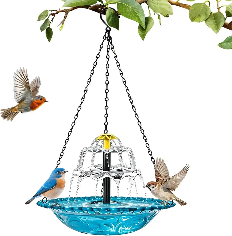 Vogeltränke Hängend mit Springbrunnen Solar für den Außenbereich (Blau)