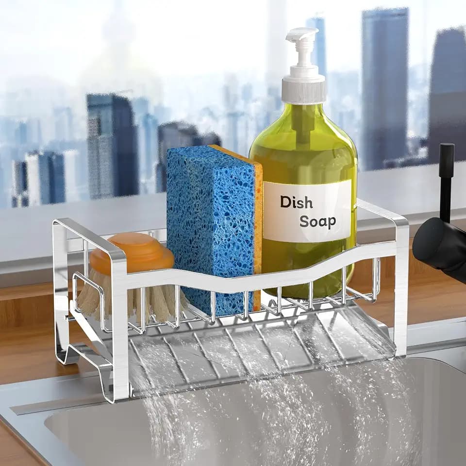 Maifan Stainless Steel Kitchen Sink Caddy Organizer with Auto Drain Tray, Sponge Holder for Countertop Storage Silver