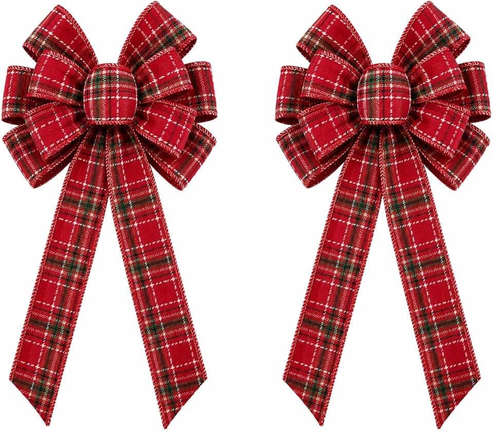 2 Pack Large Christmas Bows for Wreath, 11.4 x 19.6 Inch Red Plaid Pre-Tied Holiday Bows with Long Tails, Decorative Xmas Bows for Front Door, Tree, Garland, Staircase, Porch Decor