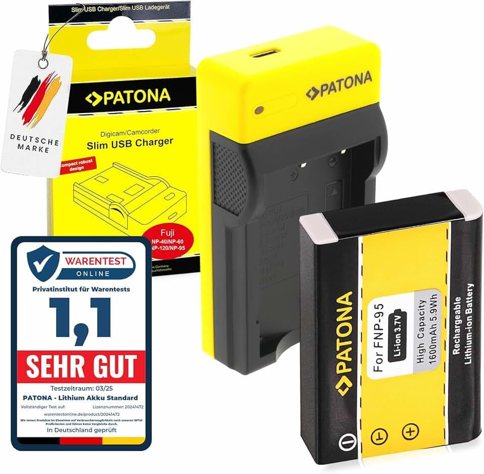 PATONA Set - Slim Ladegerät USB-C mit NP-95 NP95 Kamera Akku, 1600mAh 3.7V | Kompatibel mit Fujifilm X100 X100S X100T, X30, X70, X-S1, FinePix F30 F31fd, Real 3D W1