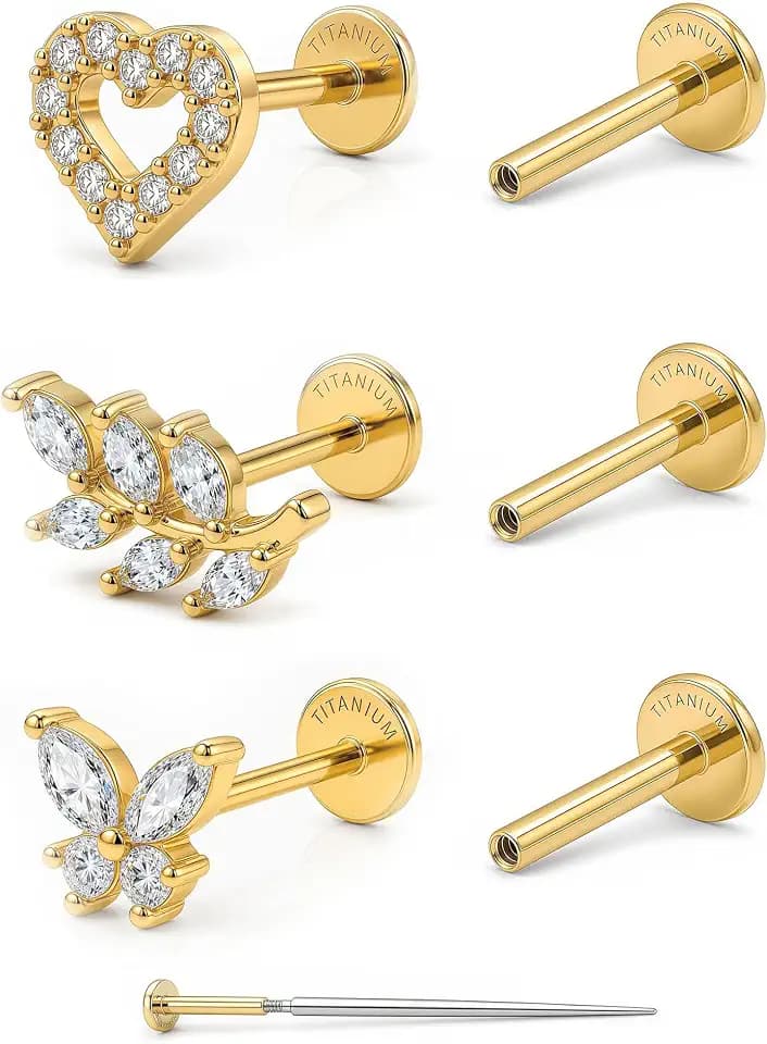 YACHY 2/3PCS G23 Titanium Flat Back Stud Earrings, Internally Threaded Screw-On Hypoallergenic Body Piercing Jewelry for Everyday Wear, Tragus Helix Conch Monroe Medusa Lip, 18G 6mm 8mm
