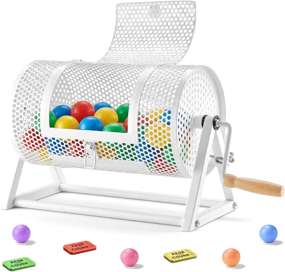 VEVOR Tombola Trommel, 295xØ167mm, Lostrommel mit Fassungsvermögen von 2500 Lose oder 100 Lotteriebälle, Gewinnspieltrommel mit Kurbel & Dreiecksständer, für Veranstaltungen & Feiern, Weiß