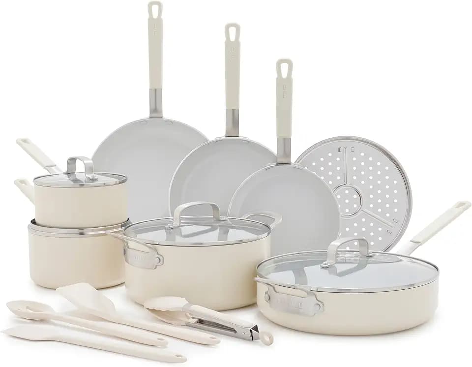 GreenPan X Bobby Flay 16 Piece Ceramic Nonstick Cookware Set, Cream White