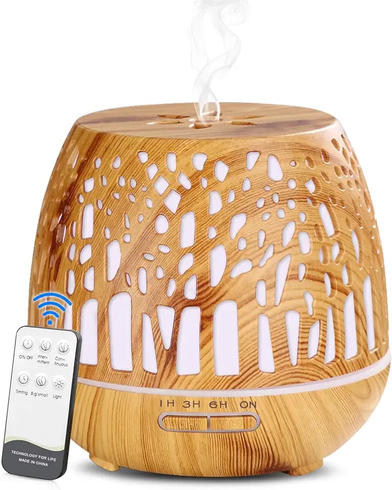 Simpeak Aroma Diffuser 400ml, Ultraschall Raum Diffuser Holz für ätherische Öle, Aromatherapie Düfte Luftbefeuchter mit Fernbedienung - Geschnitztes Wald, Hellbraun
