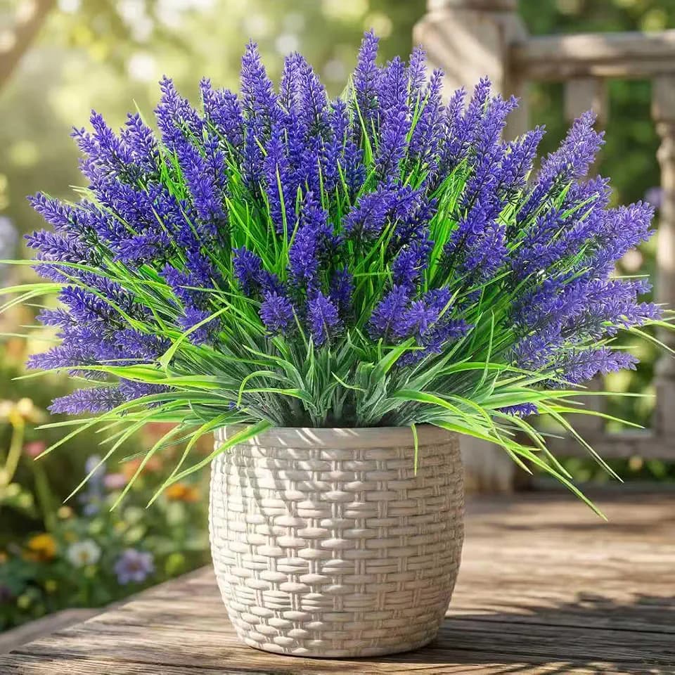 Rowfad 44 Pcs Artificial Outdoor Flowers Lavender Fake Greenery Plants UV Resistant Grass with Purple Flowers for Pot Decor for Window Garden Patio Hanging Planter Pathway Front Porch (44, Purple)