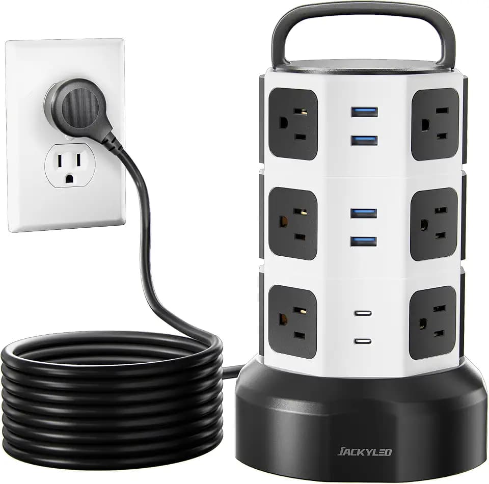 JACKYLED Power Strip Tower Surge Protector, 12 AC 6 USB (2 USB C), 1050J