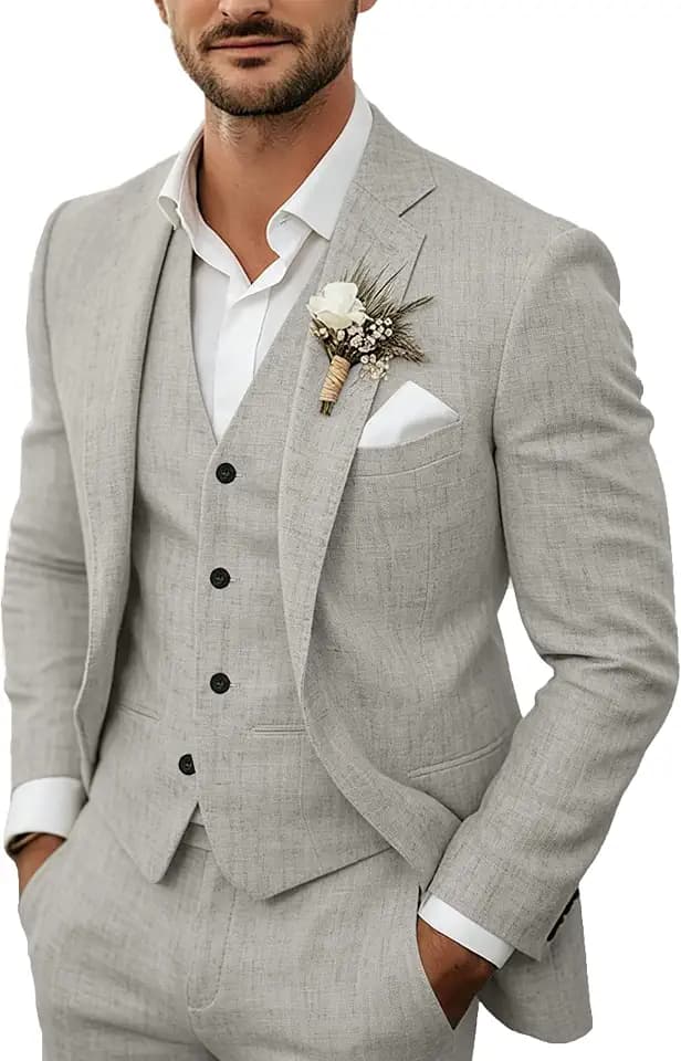 Men's 3 Piece Linen Suits Casual Lightweight Blazer Jackets Vest Pants Set