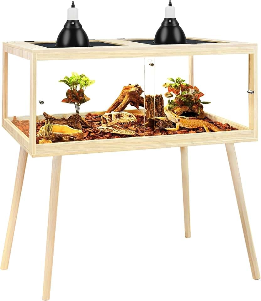 PROLEE Bearded Dragon Tank with Leg Stand 81 Gallons, Wooden Lizard Tank,Reptile Tank with Metal Mesh Roof Door, Acrylic Panel Snake Tank with Lock Design (Oak, 48"x20"x20")