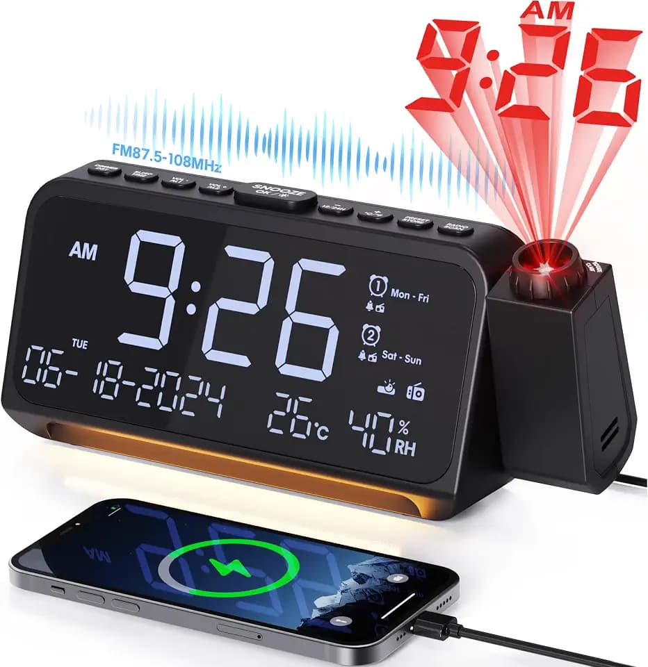 Mesqool Radiowecker mit 320° Projektor, Digitaluhr für Schlafzimmer, USB/Type-C-Anschluss, Doppelalarm mit Wochenend/Wochentagsmodus, Snooze, Dimmer, Batterie-Backup, Projektionswecker, Nachtlicht