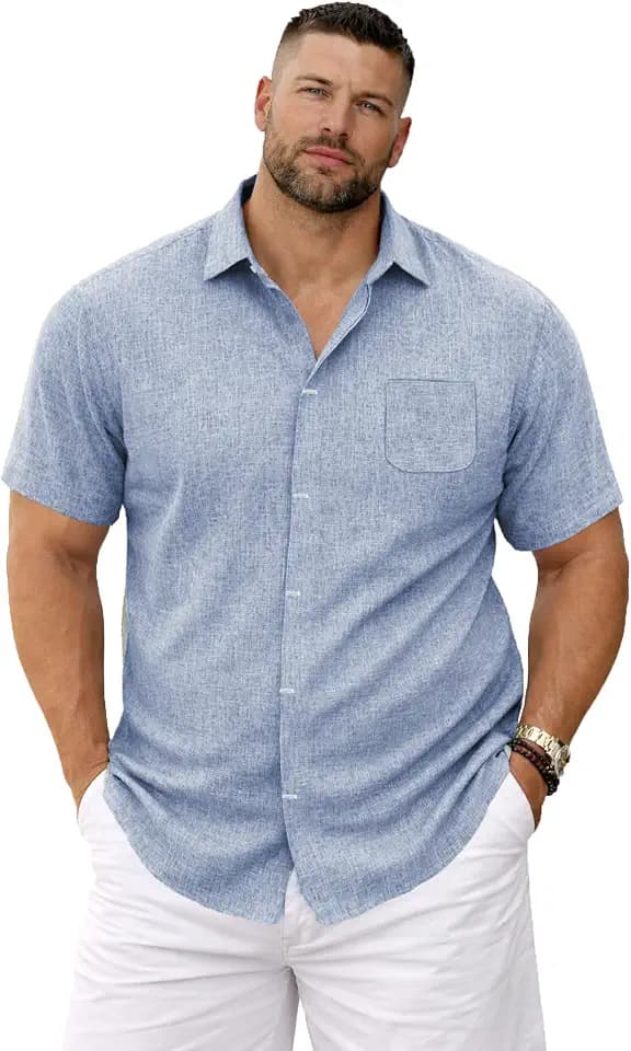 Weecreeture Mens Big & Tall Linen Short Sleeve Button Up Shirt, Hidden Placket, Breathable Casual Beach Resort Summer