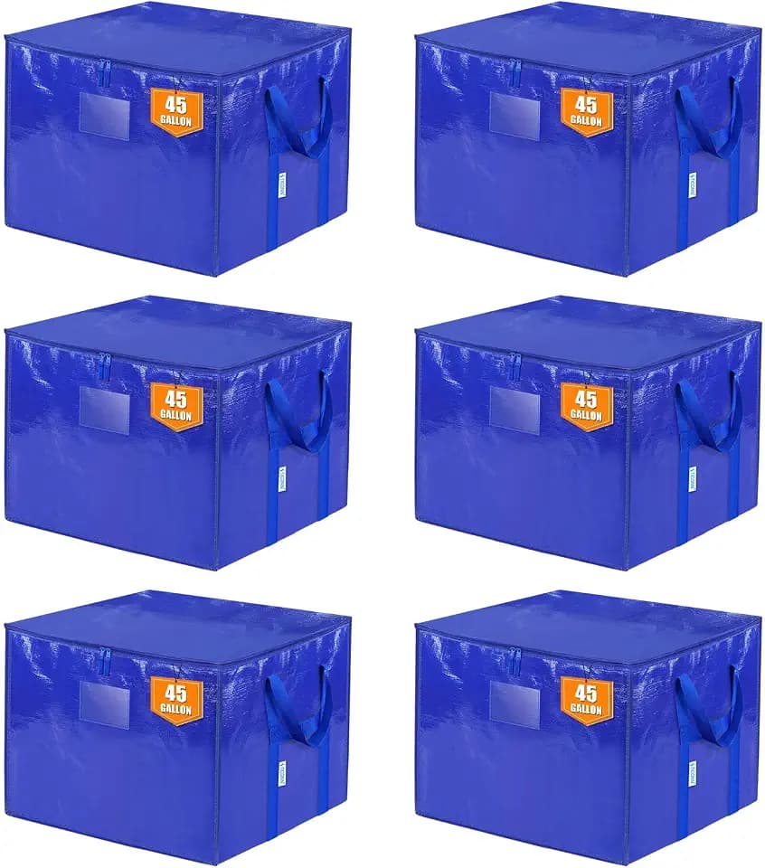 TICONN 6 Pack Extra Large Moving Bags with Zippers & Carrying Handles, Heavy-Duty Storage Tote Moving Boxes for Space Saving (6 PK, 45 Gallon)