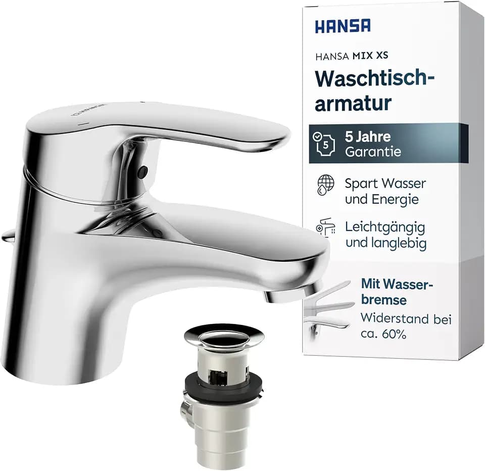 HANSA MIX XS Waschtischarmatur I Wassersparender Wasserhahn Badezimmer mit Wasserbremse | Kompakte Mischbatterie Bad für Gäste WC | Ablaufgarnitur mit Zugstange | Einhebelmischer Waschbecken | Chrom