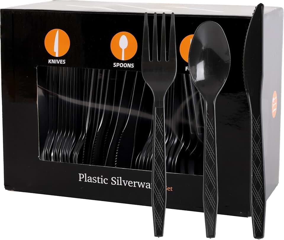 360Pcs Black Plastic Silverware Set, Disposable Forks Spoons Knives