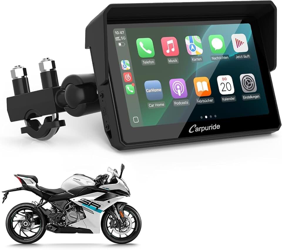 Carpuride W502 Motorrad Carplay Bildschirm, Kabellos CarPlay & Android Auto, 5 Zoll Wasserdichter IPS-Touchscreen, Dual Bluetooth, GPS Navigation, Sprachsteuerung Siri/G00gle