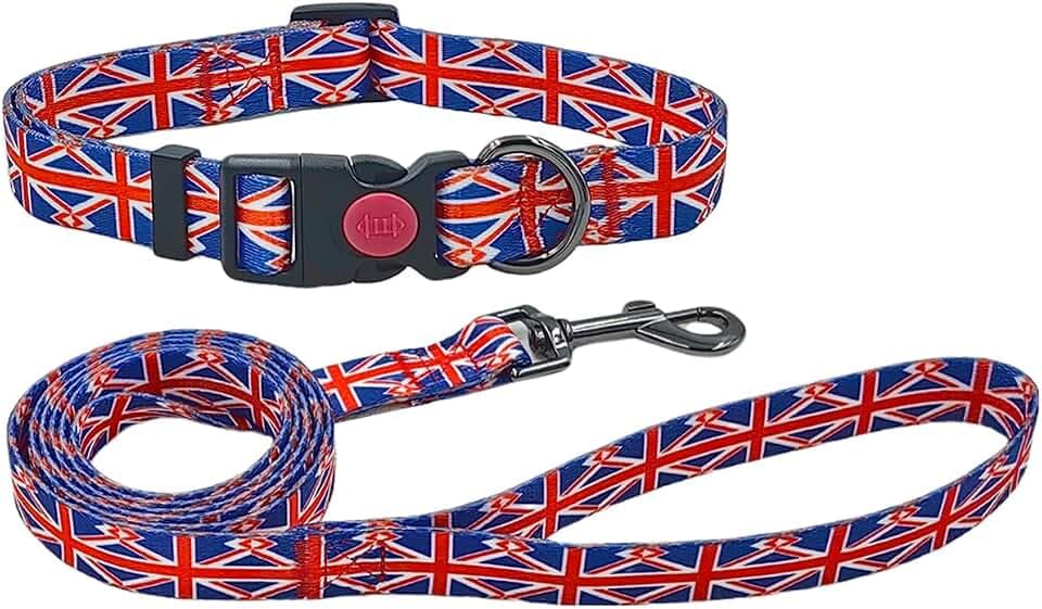Kombi-Set für Hundehalsband und Leine, Unionsflaggen-Muster, Polyester-Material, 150 cm, passende Leine, für kleine Hunde (S, Union-Flagge)