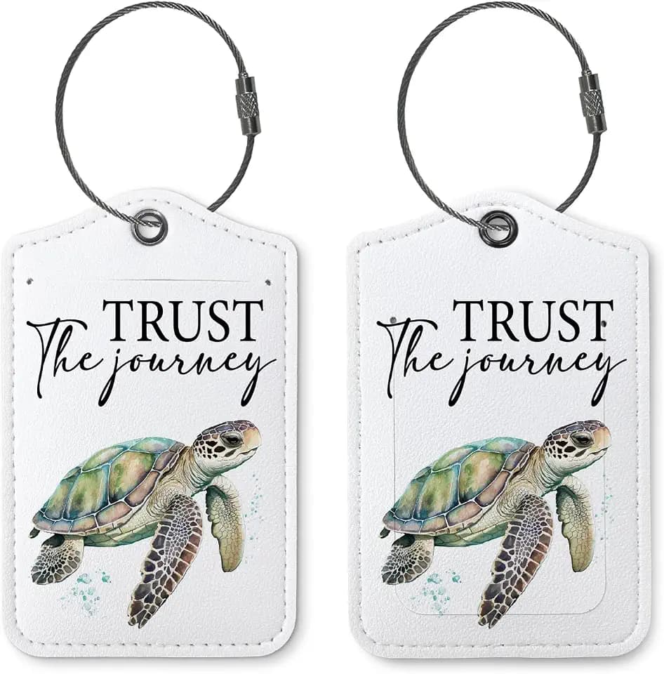 Sea Turtle Luggage Tags for Suitcases 2 Pack, Trust the Journey Sea Turtle PU Leather Bag Tag with Privacy Cover Stainless Steel Loop, Travel Cruise Gifts for Women Teen Girls