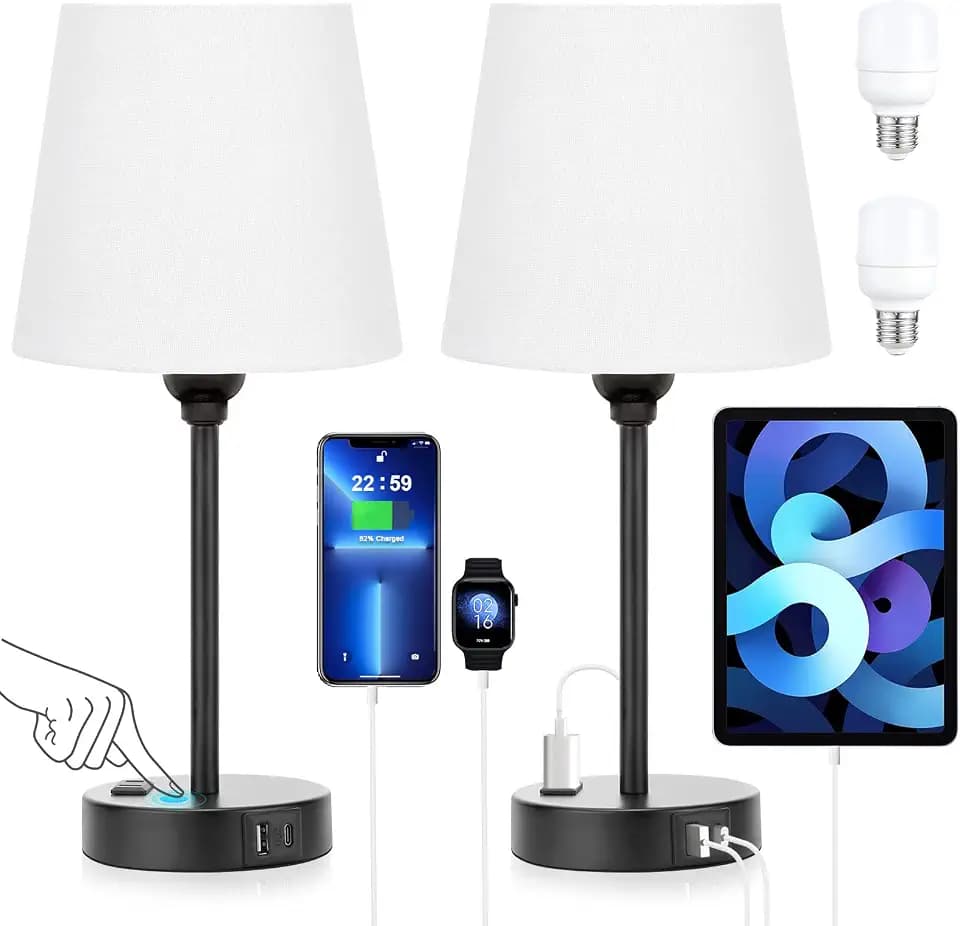 White Bedside Lamps Set 2 for Bedroom - Dimmable Touch, USB C+A, AC Outlet