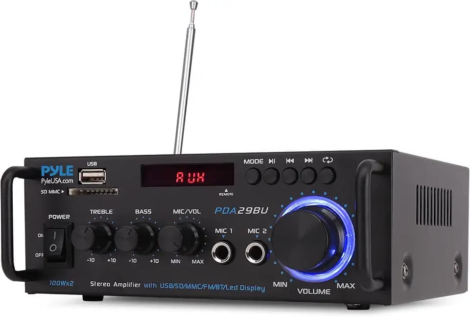 Pyle 200W Bluetooth Compact Power Amplifier - Wireless 2 Channel Audio Receiver with Dual Karaoke Mic Input - RCA - USB-A + SD Card MP3 Player - FM Radio - AUX in - Remote Control - PDA29BU