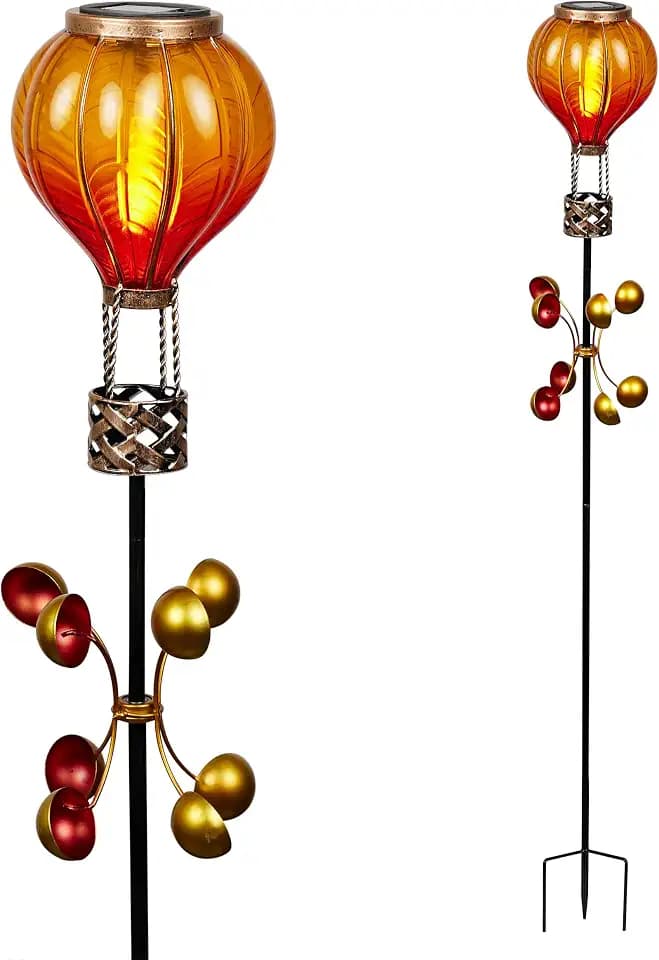 Alpine Corporation 45" H Outdoor Solar Hot Air Balloon Spinning Garden Stakes with LED Lights, Yellow/Orange